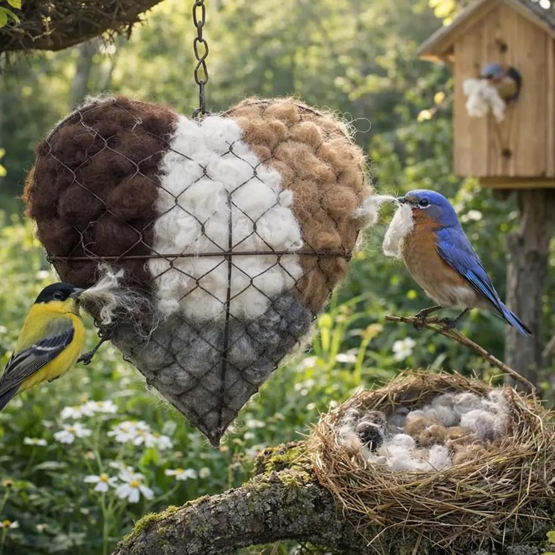 Handmade Fiber Bird Nesting Heart, Refillable Birds Haven 1 Heart Shape Hummingbird Nesting and 2 Bags of Nest Materials, Winter Fowl Gifts Animal Hummingbirds Lovers Home Garden Yard (1Set)