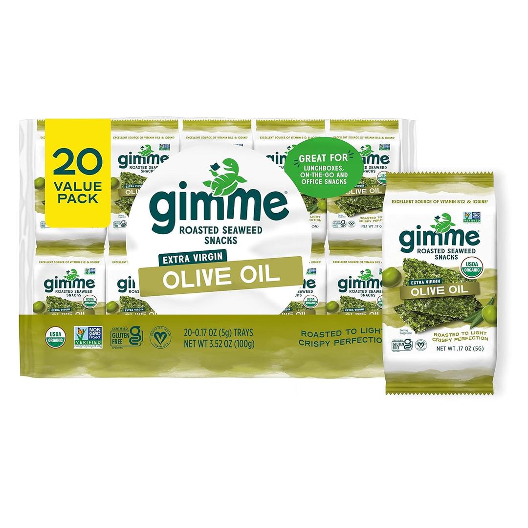 Gimme Seaweed Organic Premium Roasted Seaweed Snacks, Extra Virgin Olive Oil, 20 Count, Keto, Vegan, Gluten-Free, Great Source of Omega3s and Iodine, Healthy On-The-Go Snack for Kids and Adults, Best By 06/17/2027