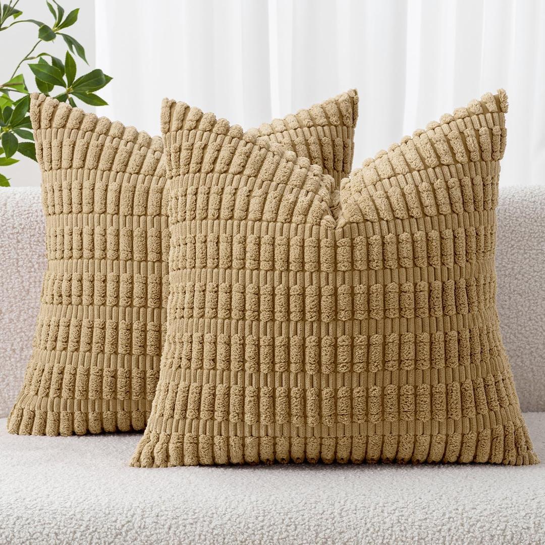 MIULEE Pack of 2 Corduroy Decorative Throw Pillow Covers 18x18 Inch Soft Boho Striped Pillow Covers Modern Farmhouse Home Decor for Sofa Living Room Couch Bed Khaki