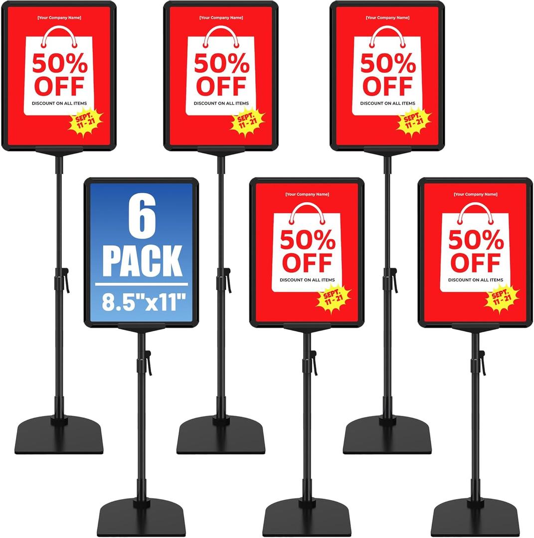 6Pack Sign Stand for Display 8.5 x 11, Adjustable Poster Stand for Table Top & Floor, Floor Standing Sign Holder, Signage Stands for Business, Tradeshow, Store, Farm Display Stands (Black)