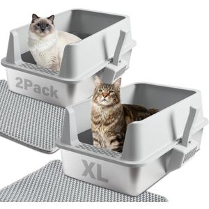 Stainless Steel Cat Litter Box with Lid, 2 Pack XL Metal Litter Box Stainless Steel with Mat & Scoop, Odor-Free/Anti-Leakage & Non-Stick, High-Sided Litter Box for Multiple Big Cats (XL/Grey)
