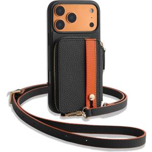 LAMEEKU for iPhone 17 Pro Wallet Case with Card Holder, Crossbody Zipper Cover with Strap for Women 6.3 inch Black