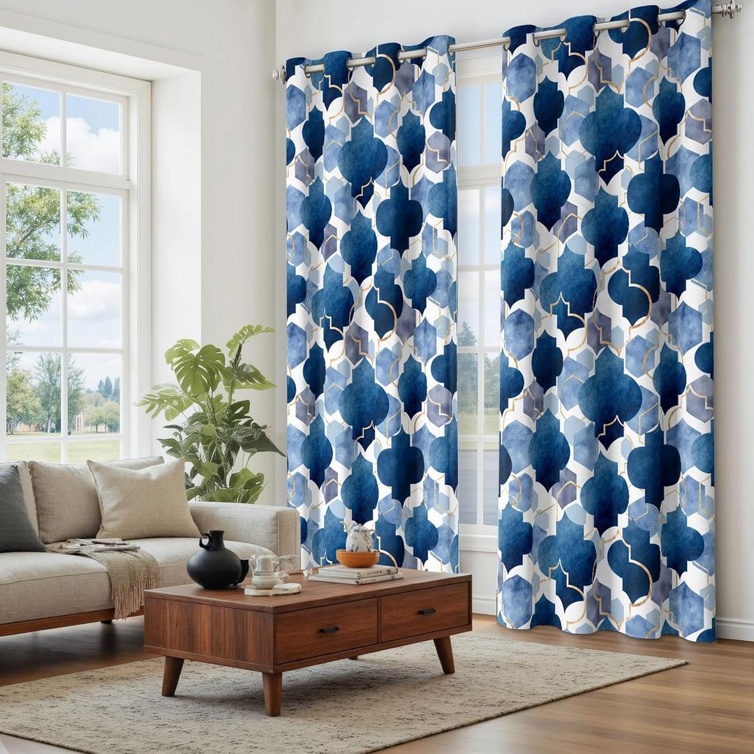 Tyrot Blue Moroccan 100% Blackout Curtains for Bedroom Abstract Geometric Black Out Curtains 63 inch Long 2 Panels Set Window Drapes Thermal Room Darkening Curtains for Living Room, 52Wx63L