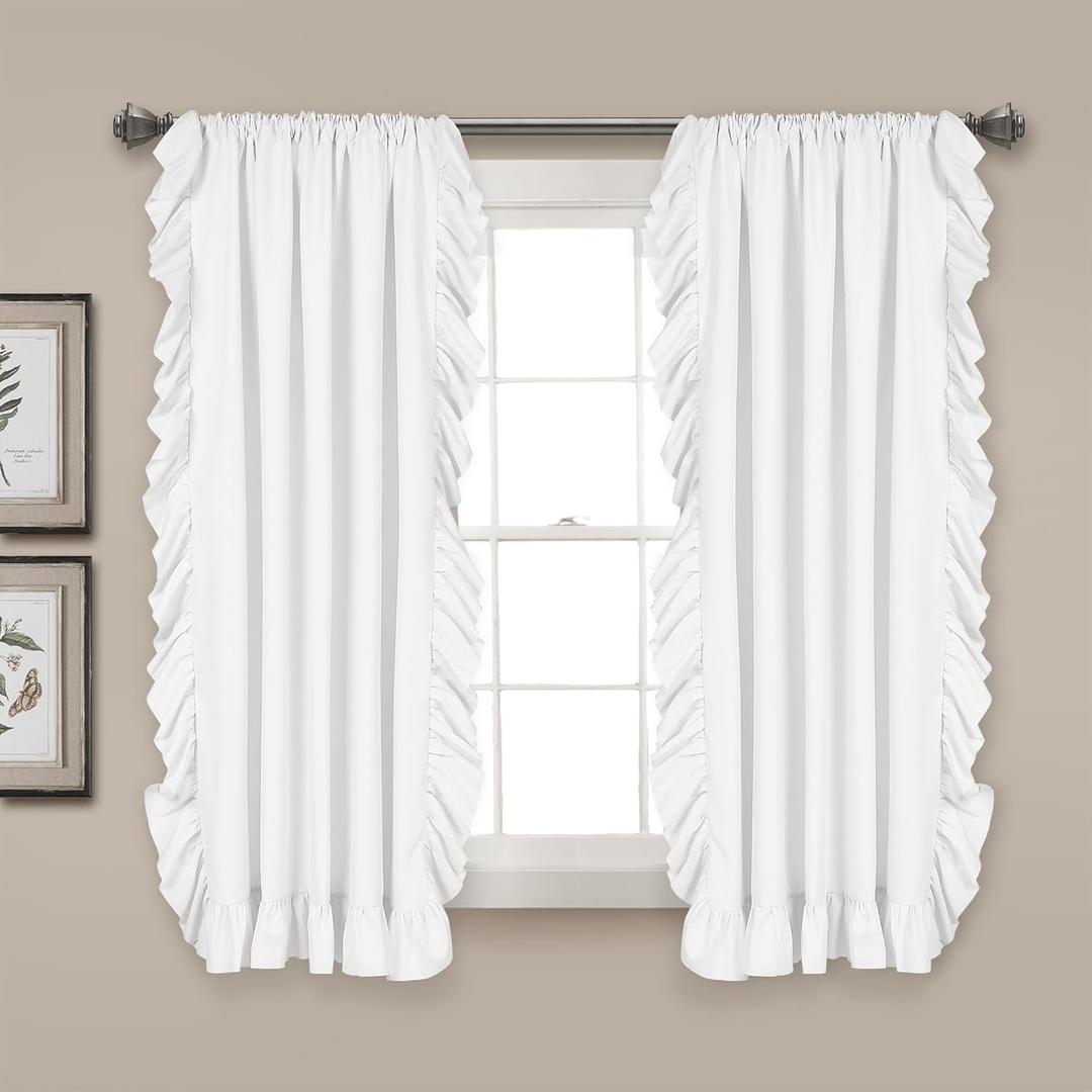 Lush Decor Reyna Ruffle Window Curtain Panel Set, Pair, 54" W x 63" L, White - Flowy Curtain Set - Romantic Ruffle Curtains for Bedroom, Living room, or Dining Room - Farmhouse & Cottage Home Decor