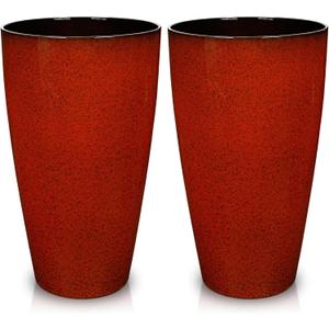 Hollyone Set of 2 Outdoor Tall Planter Plastic Pots for Plants Large Planters for Outdoor Indoor Plants with Drainage Hole 21" Gradient Red Glossy Tall Round Plant Pot Flower Pots Garden Decorations, 11.8"L x 11.8"W x 21.2"H