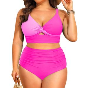 Daci Plus Size Two Piece Swimsuits - Women High Waisted Bikini Tummy Control Bathing Suits Knot Twist Swimwear 2025 (Rose Red and Pink), Size: 16W