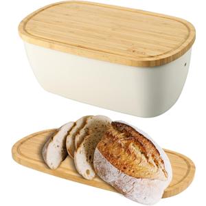 ECWAY Bread Box for Kitchen Countertop - Bamboo Fiber Bread Bin with Reversible Cutting Board Lid, Juice Groove - Ventilated, Multi-Functional Storage Keeper for Freshness (14.2x7.8x5.5In, White)