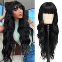 BARSDAR Women's 26'' Long Wavy Wig With Bangs, Synthetic Hair, Black (26 Inch, Natural Black)