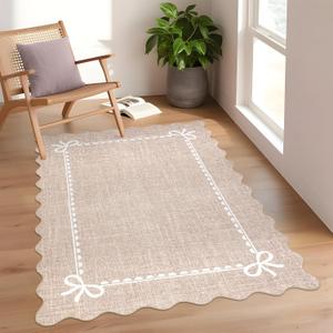 GarveeHome Scalloped Bow Rug for Living Room, Solid Camel Rug for Dorm, Washable Rugs 4x6 Soft Low Pile Non Slip Scalloped Rugs for Nursery Bedroom Decor Hallway Kids Room Playroom