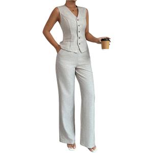 SOLY HUX Women's 2 Piece Outfits V Neck Button Down Vest Tops and High Waisted Pants Set Office Work Suit (L)