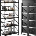 JSB No Assembly Folding Bookshelf, 5 Tier Industrial Metal Book Shelf for Storage, Vintage Wood Foldable Bookcase for Living Room, Bedroom, Office Organization Shelves (Black)