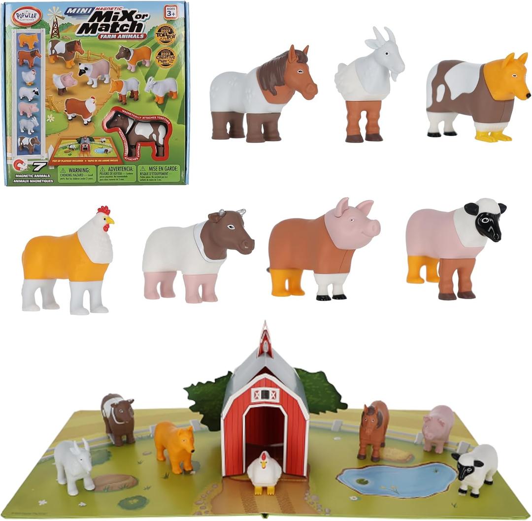 POPULAR PLAYTHINGS Magnetic Animals for Toddlers 1-3, Mini Mix or Match Animal Toys, Set of 7 Gift for Kids - Farm Animals with Pop-up Playmat