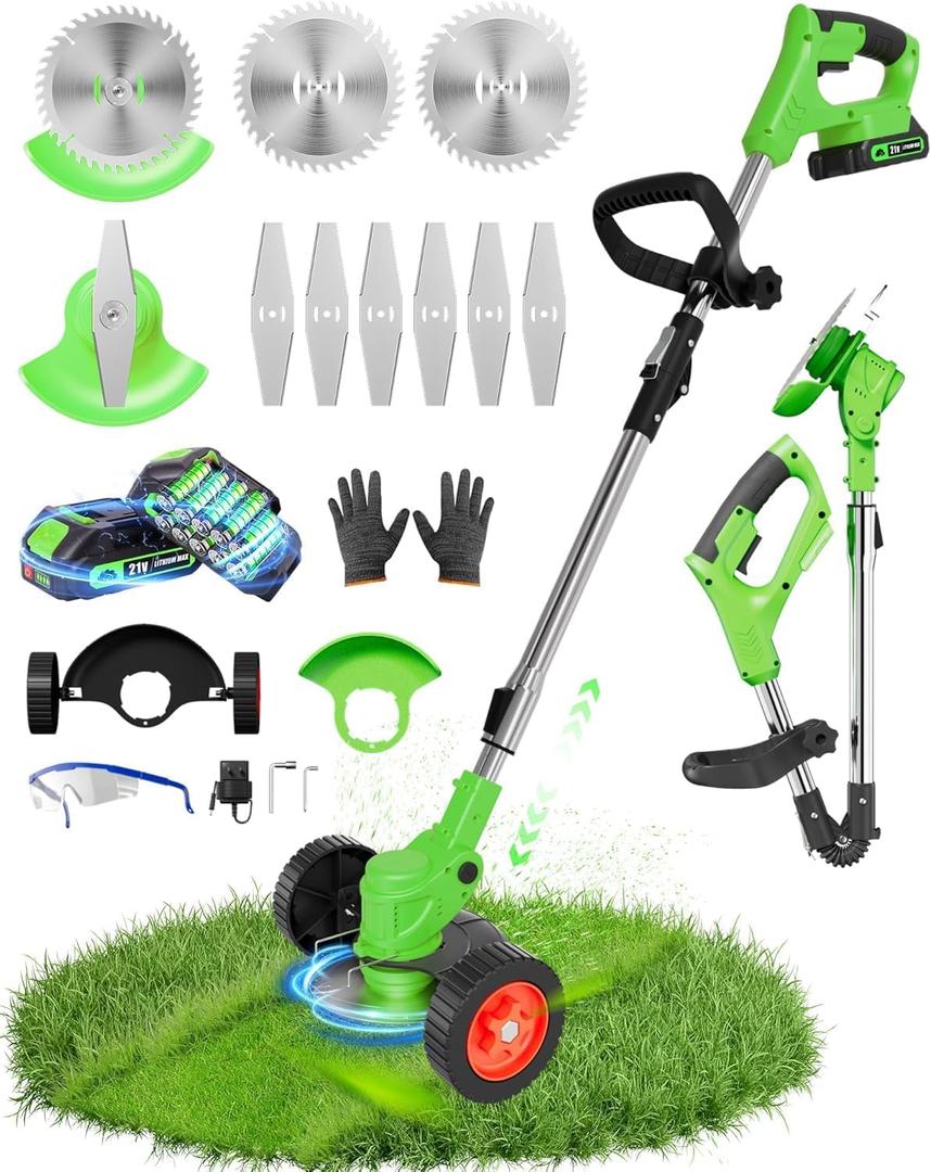 Electric Weed Wacker, Foldable Cordless Weed Eater Battery Powered, 3-in-1 Stringless Lightweight Brush Cutter Grass Trimmer Lawn Tool with Adjustable Length for Garden and Yard (Green)
