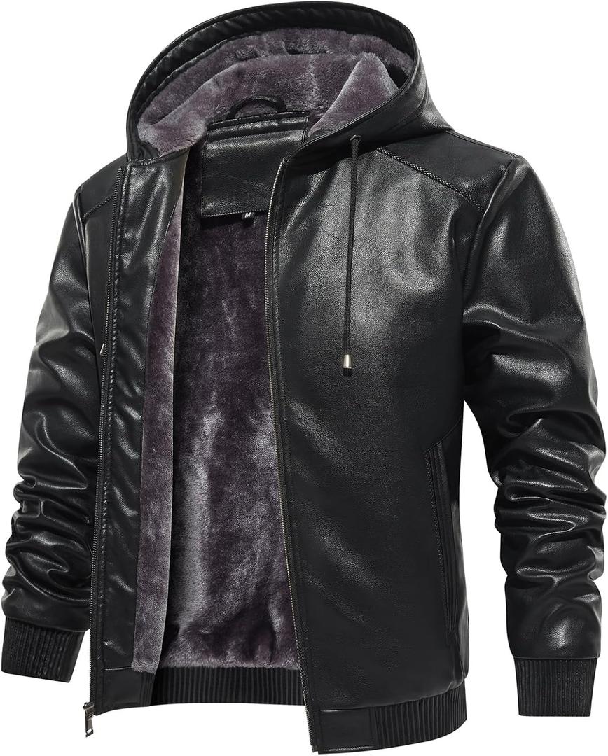 MANSDOUR Men's Faux Leather Jacket Warm Black Fleece Lined Motorcycle Bomber Jacket with Hood, Large 