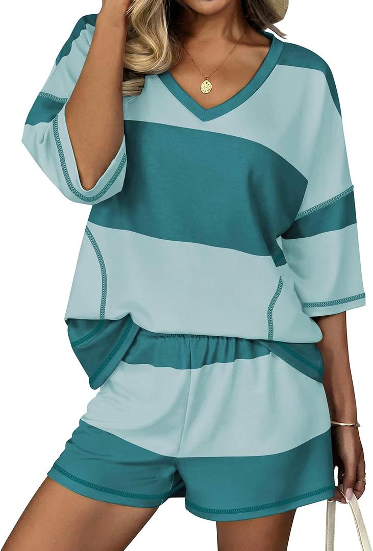 Ekouaer Two Piece Sets for Women Summer Lounge Sets 2026 Striped Shirts and Shorts Set Oversized Matching Outfit, Size: M