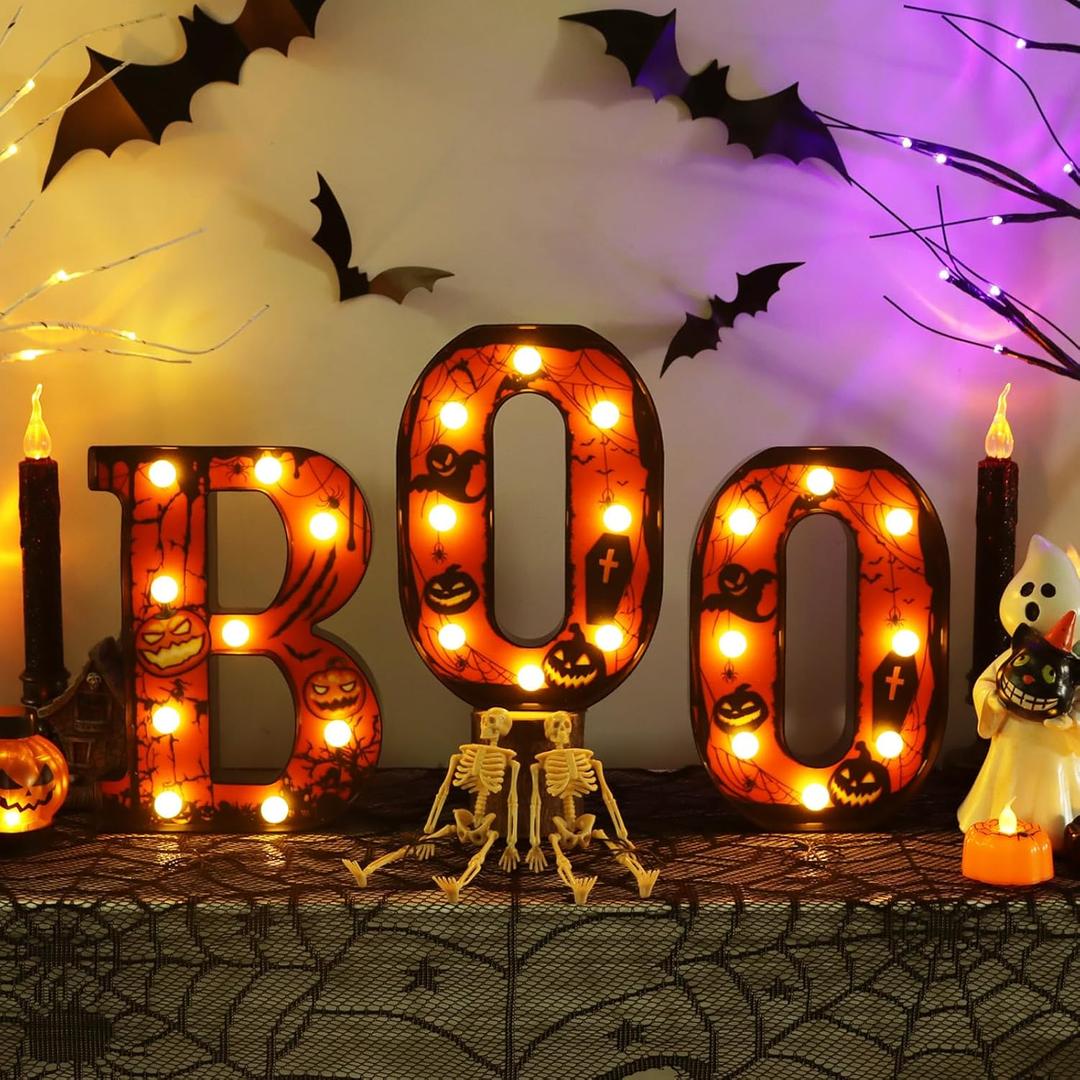 Boo Sign Light Up Halloween Mantel Decor - 8.5 Inch Boo LED Marquee Letters Halloween Decorations Indoor - Battery Operated Lights for Kitchen Table Bedroom Living Room Home Wall Party Decor (Black)
