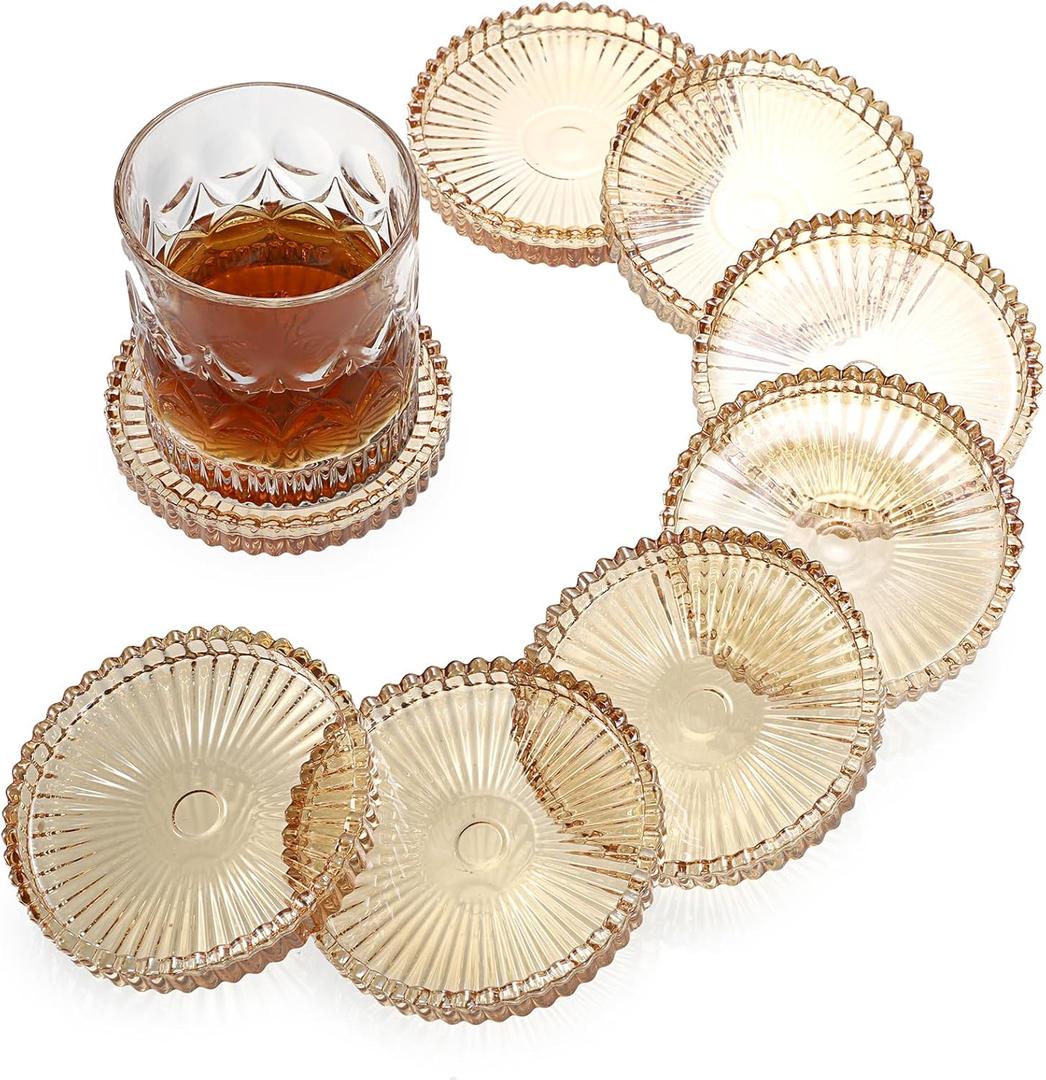 Modern Clear Coaster Set of 8- Glass Coasters for Drinks Crystal Coasters Round Cup Mats Coffee Table Decor for Office, Kitchen, Bar, Dining Room, Living Room, Patio(Amber)