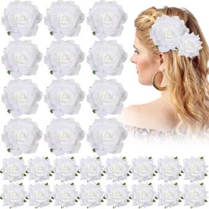 Waydress 30 Packs 2.8 Inch 4 Inch Flower Hair Clip Rose Hair Accessories Floral Hairpin Brooch Flowers Pin Brooch for Bridal Headpiece Accessories Wedding (White)