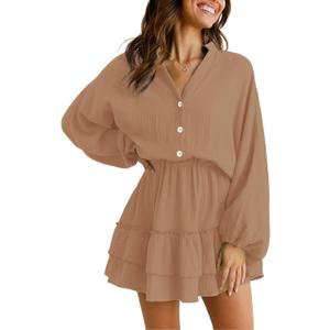 ARTFREE Women's Long Lantern Sleeves Mini Dress V Neck Button Down Ruffle Tiered Swing Fall Casual Dress (Large, Khaki)