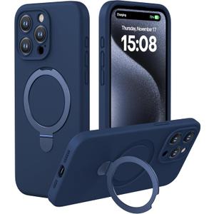 CellEver Strong Magnetic Case for iPhone 15 Pro [for MagSafe Charging] [Camera Protection] Heavy-Duty Protection, Soft Grip Silicone Cover with Kickstand, Navy Blue