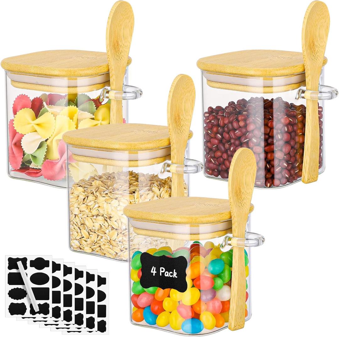 Glass Jars with Bamboo Lids - 4 Pack 10 Fl.oz Square Glass Spice Jars with Airtight Lid and Spoon, Kitchen Pantry Container Stackable Food Canister Set for Coffee, Sugar, Tea, Candy, Oats