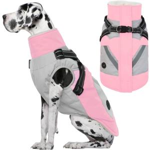 IECOii Large Dog Coat with Harness Built in,Reflective Waterproof Dog Coat for Giant Breeds - Zip Up Fleece Jacket for Dogs,Great Dane Winter Coats Warm Snowsuit for Cold Weather, Pink, 4XL 