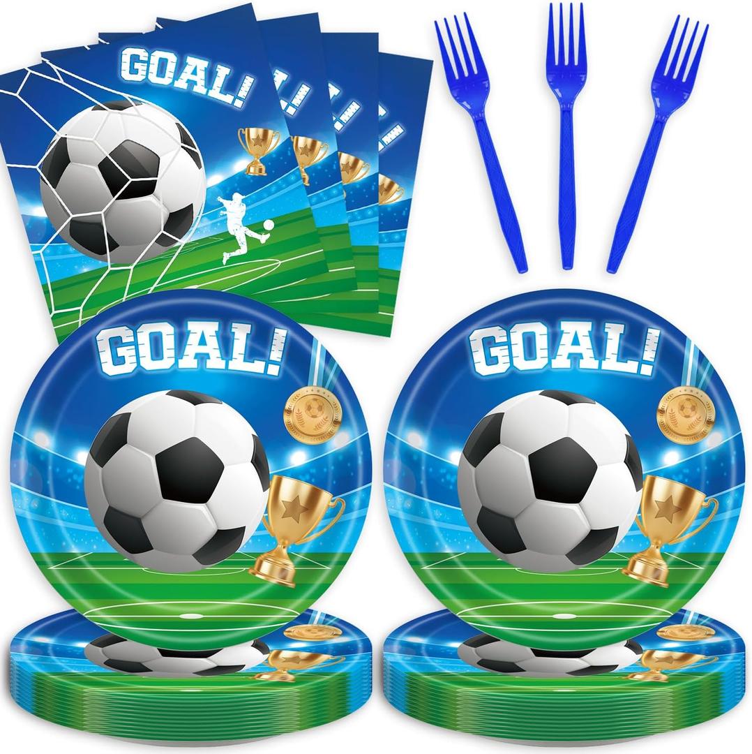 3 x 48Pcs Soccer Birthday Party Decorations for 16 Guests,Soccer Game Theme Party Plates and Napkins Forks for Kids Baby Shower Birthday Supplies Set (blue and green)