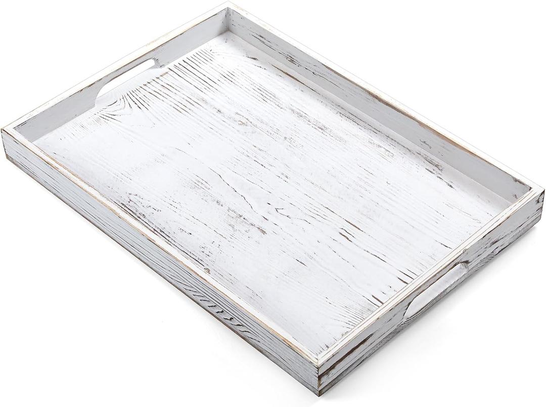 17 Inch Rustic White Serving Tray with Handles - Large Wooden Tray for Ottoman, Breakfast in Bed, Dinner, Coffee Table - Decorative Rectangular Tray for Living Room Bedroom Entryway and Kitchen Decor