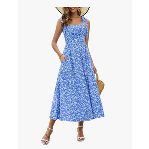 Zattcas Womens 2025 Summer Spaghetti Strap Floral Maxi Dress with Pockets Smocked Flowy Long Beach Vacation Sundresses, Size L