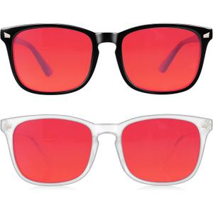 2 Packs Professional Sleep Glasses with 99.9% Blue Light Blocking Dual AR Coatings Red Lens, Computer Gaming Glasses for Men Women, Anti Fatigue & Eye Strain ((01)-black+transparent)