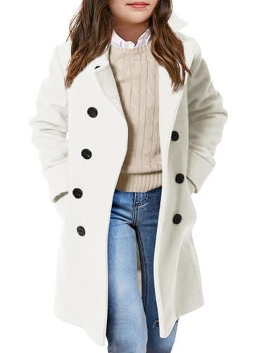Girls Coat Double Breasted Notched Collar Wool Blend Long Trench Coat Winter Warm Peacoat Dress Coat with Pockets, 160