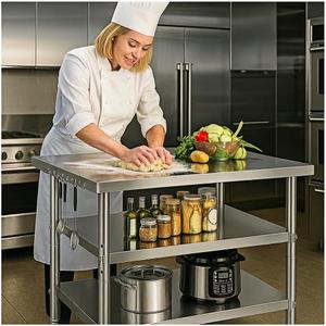 Stainless Steel Table with Wheels for Food Preparation and Work | Multi-Size Optional, Three-Layer Variable Two-Layer Metal Commercial Workbench Outdoor, Restaurant, Kitchen
