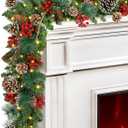 TigeJoy 9FT Luxury Prelit Christmas Garland with Warm White LED Timer Lights, Snow Cedar Garland with Red Berries, Mixed Pinecones, 8 Modes 3AA Battery Operated Xmas Decor for Fireplace Doorway Porch