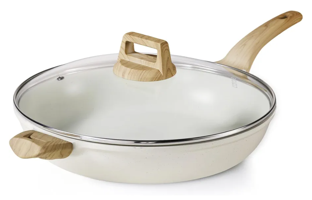 CAROTE 12.5 Inch Non Stick Frying Pan with Lid,White Granite Nonstick Skillet Omelet Pans, Egg Pan Granite Cookware, PFOS & PFOA Free