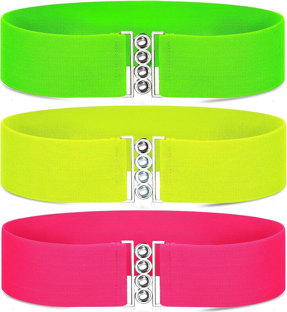 Syhood 3 Pcs 80s Neon Belts for Women 80s Waist Stretch Wide Waistband with Vertical Clasp Buckle Belts for Party Accessories(Green, Yellow and Pink,3 Pieces)