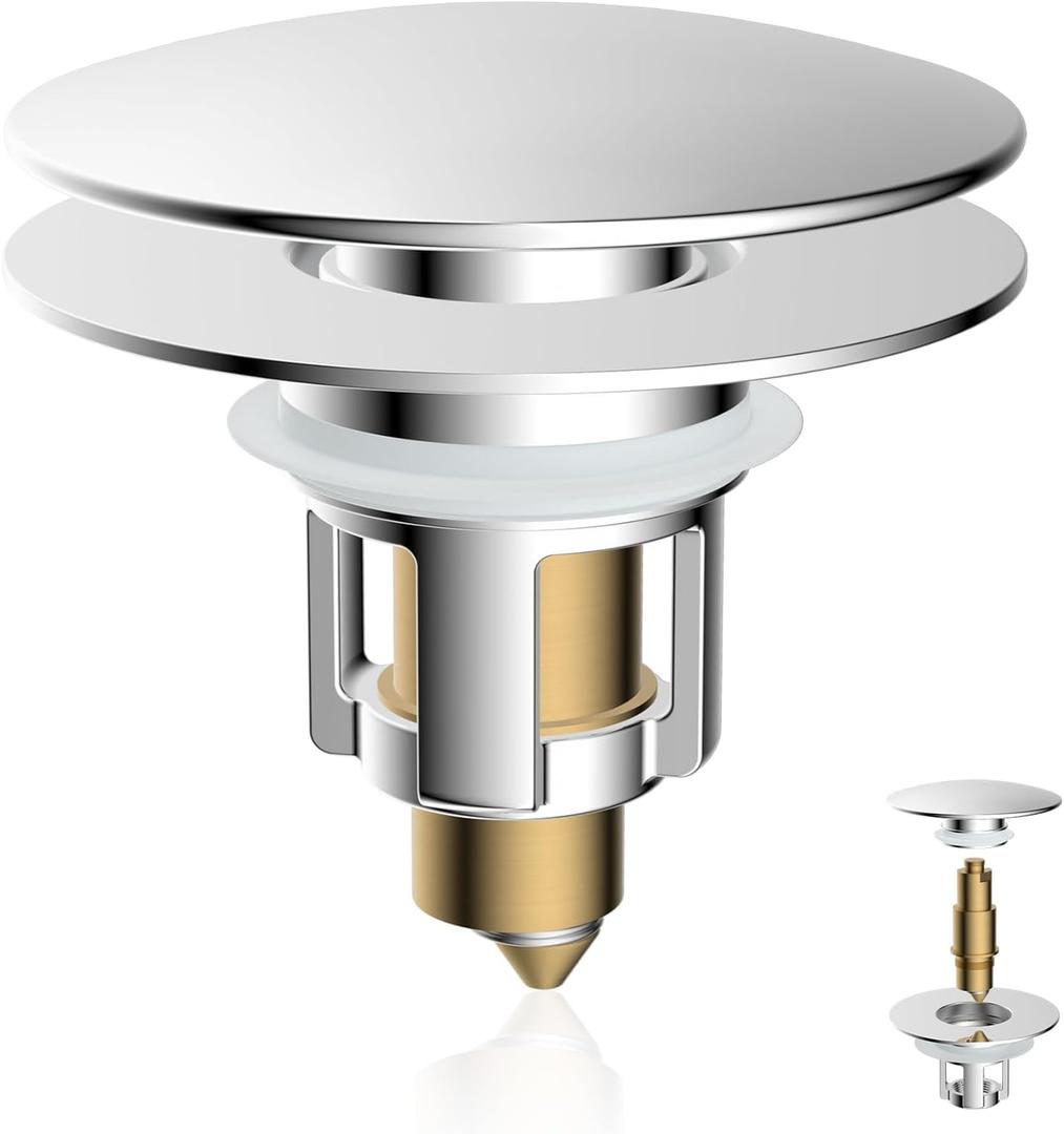iFealClear Universal Bathroom Sink Stopper, Metal Pop Up Sink Drain Strainer with Hair Catcher Basket, Fits 1.1"-2.36" US Basin, Wash Basin Drain Plug with Large Cover Cap, Brass Bounce Core, Chrome