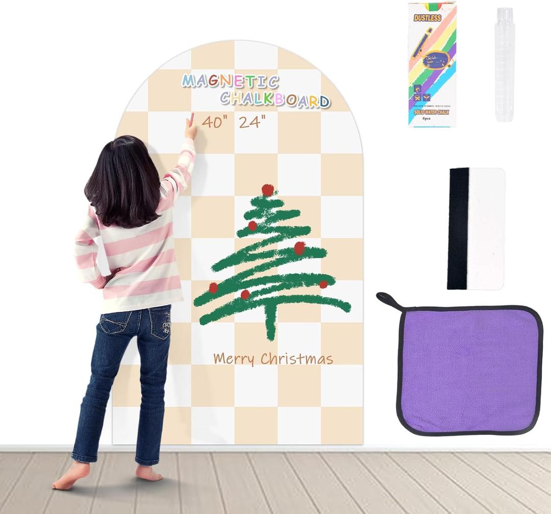 Magnetic Chalkboard Wall Decal 24''x40'' Arch - Removable Reusable Peel and Stick (No Wall Damage) Extra Strong Magnetism - Easy Clean Chalkboard for Home Office Playroom (Beige White Checker)
