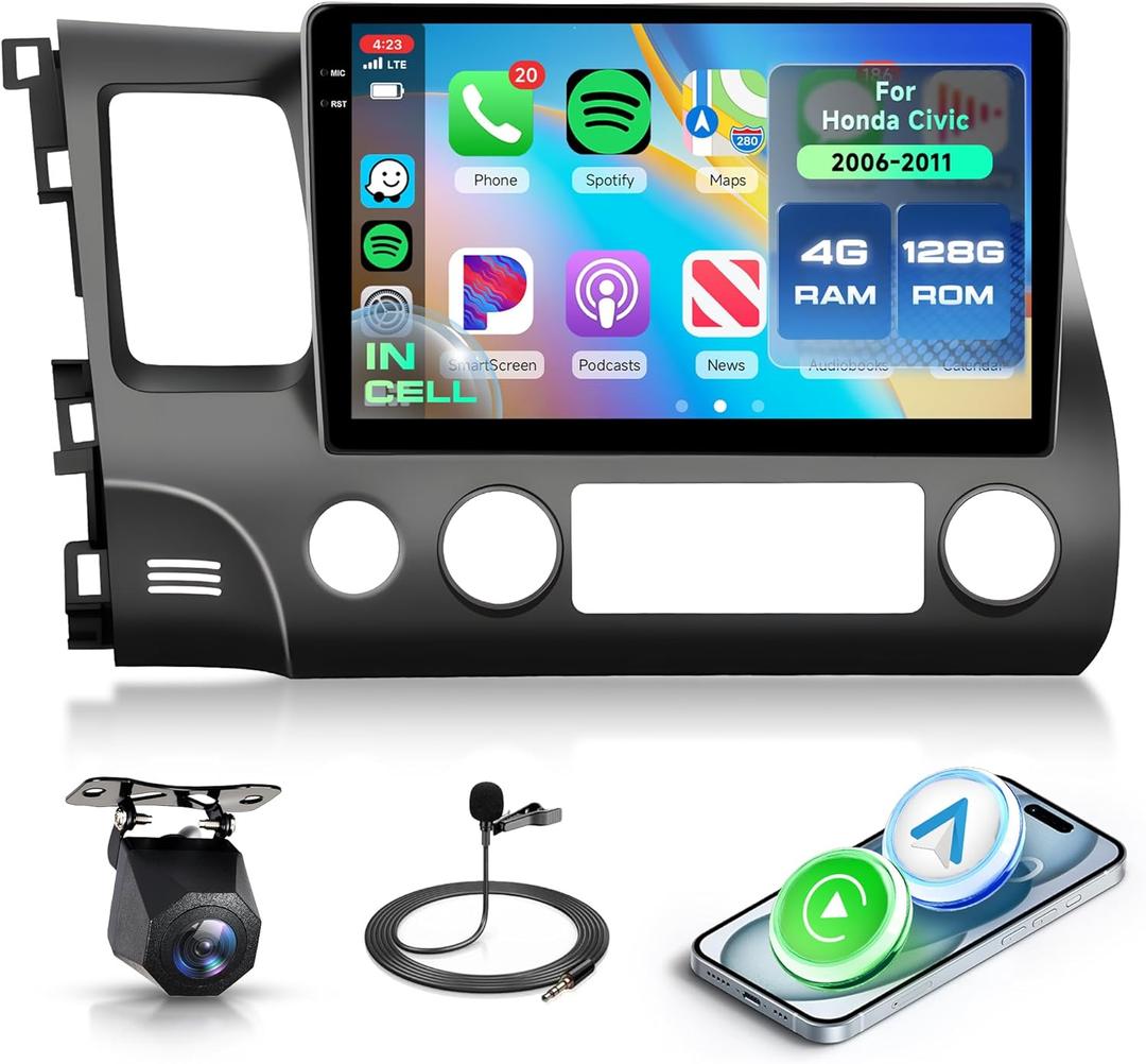 4+128G Android 15 Car Stereo for Honda Civic 2006-2011 with Wireless Carplay Android Auto, 10.1'' in-Cell Screen Car Radio with GPS/Bluetooth 5.0/FM RDS/EQ/Wi-Fi Mirror Link Backup Camera SWC