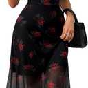 GothDark Women's Wedding Guest Floral Print Vintage Goth Dress Mesh Spliced Double-Layered Irregular Hemline Midi Dresses, Size M