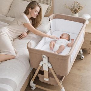 Baby Bassinet, 3 in 1 Bedside Bassinets for Baby, 6 Height Adjustable Bassinet Bedside Sleeper with Mattress, Breathable Mesh, Lockable Univesal Wheels, Storage Basket, Easy to Assemble（Khaki）, Crib