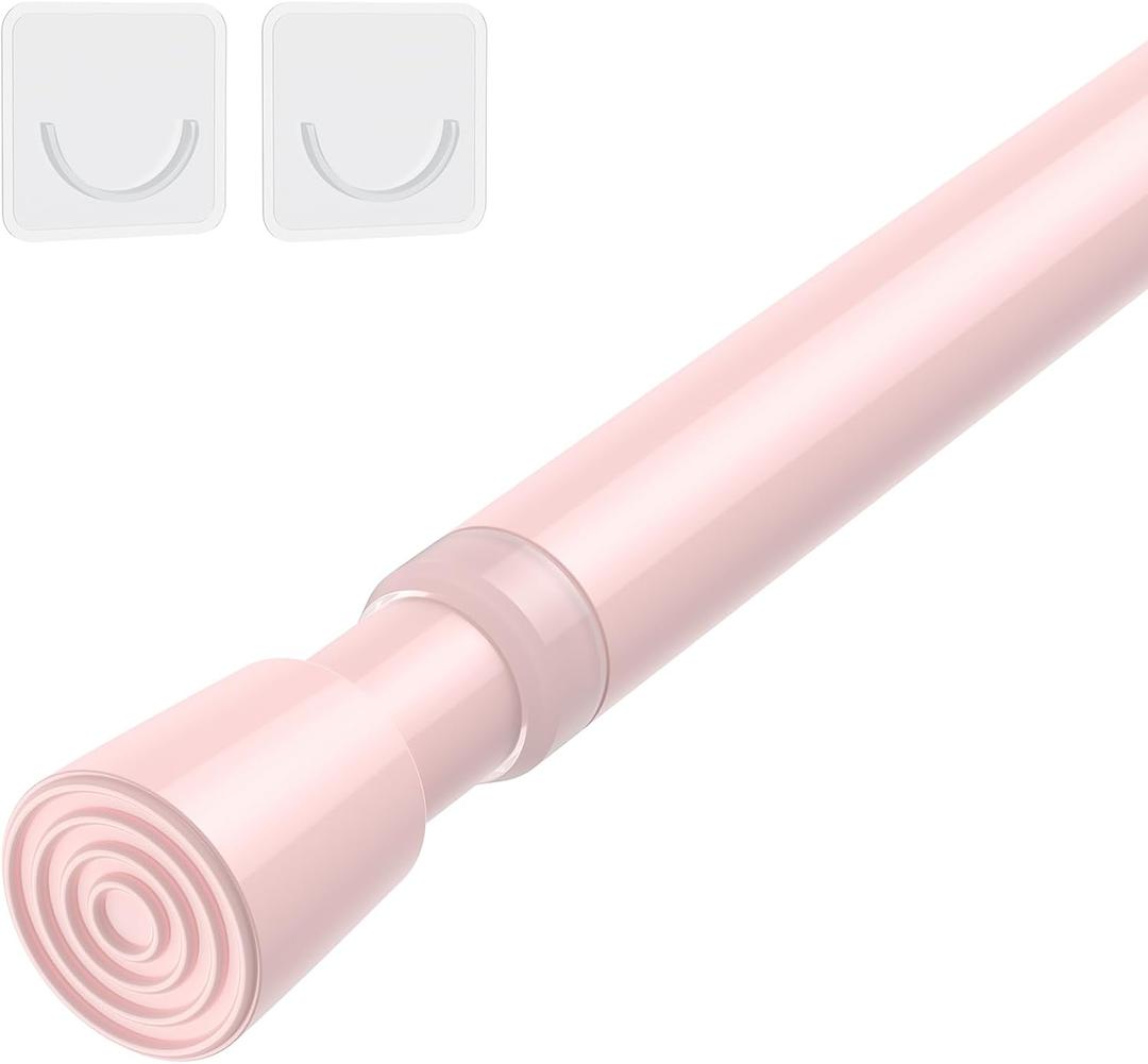 1Pack Spring Tension Curtain Rod 26-39 inch PinkAdjustable Spring Rod Extendable Tension Rod For Kitchen, Bathroom, Window, Bookshelf, Closet