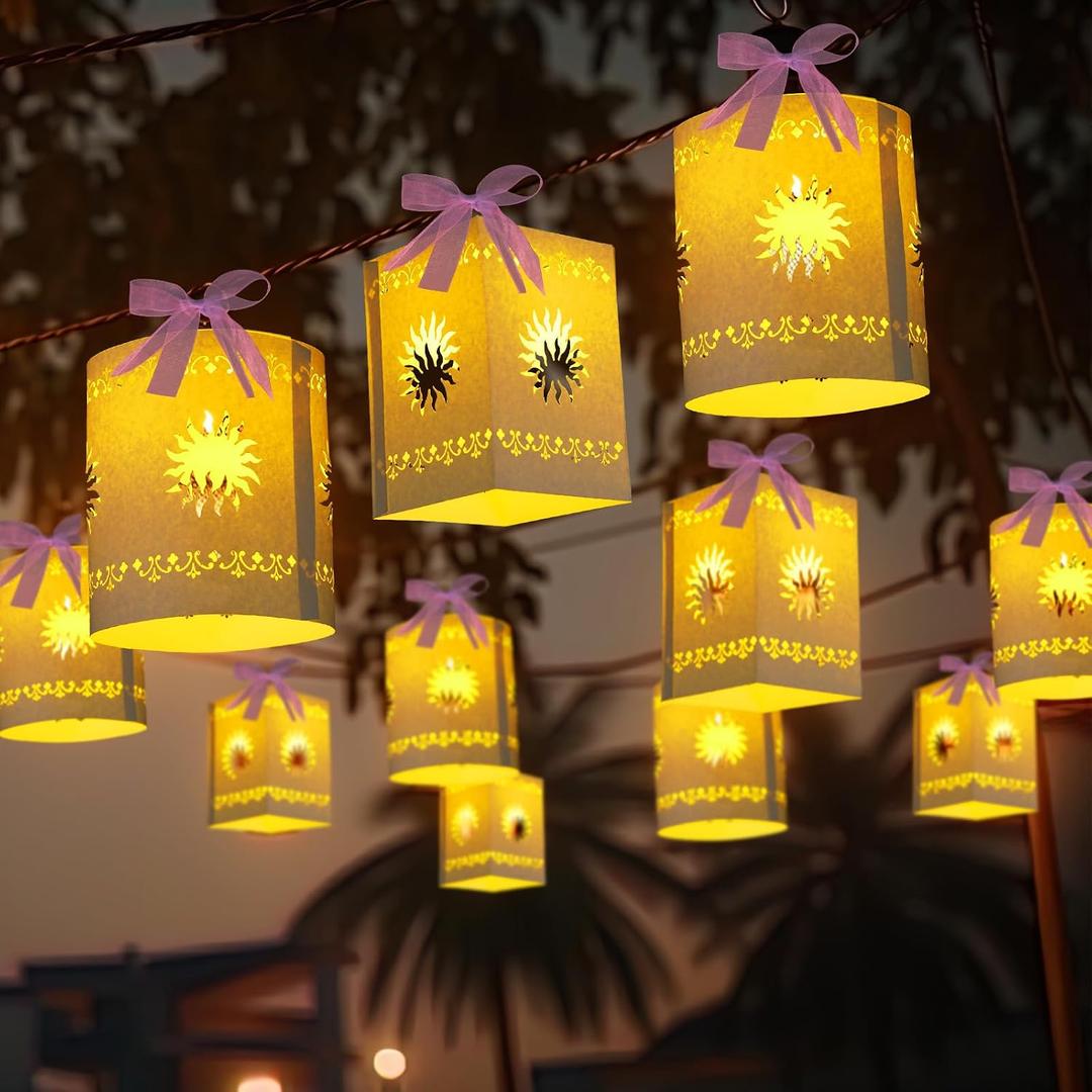 Beeveer 20 Pack Princess Sun Hanging Lanterns DIY Set Purple Princess Hanging Paper Lanterns Purple Sun Cutout Square Round Decorations for Birthday Party, Light String Not Included(Classic Color)