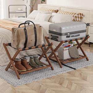 Smart FENDEE Set of 2 Fully Assembled Luggage Racks, Bamboo Suitcase Stand with Shoe Shelf, Foldable Luggage Holders for Guest Room, Bedroom, Hotel, Walnut