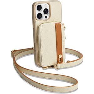 LAMEEKU for iPhone 16 Pro Max Wallet Case with Card Holder, Zipper Leather Crossbody Case with Kickstand Wrist Strap Cover with Phone Grip Holder 6.9 inch Beige