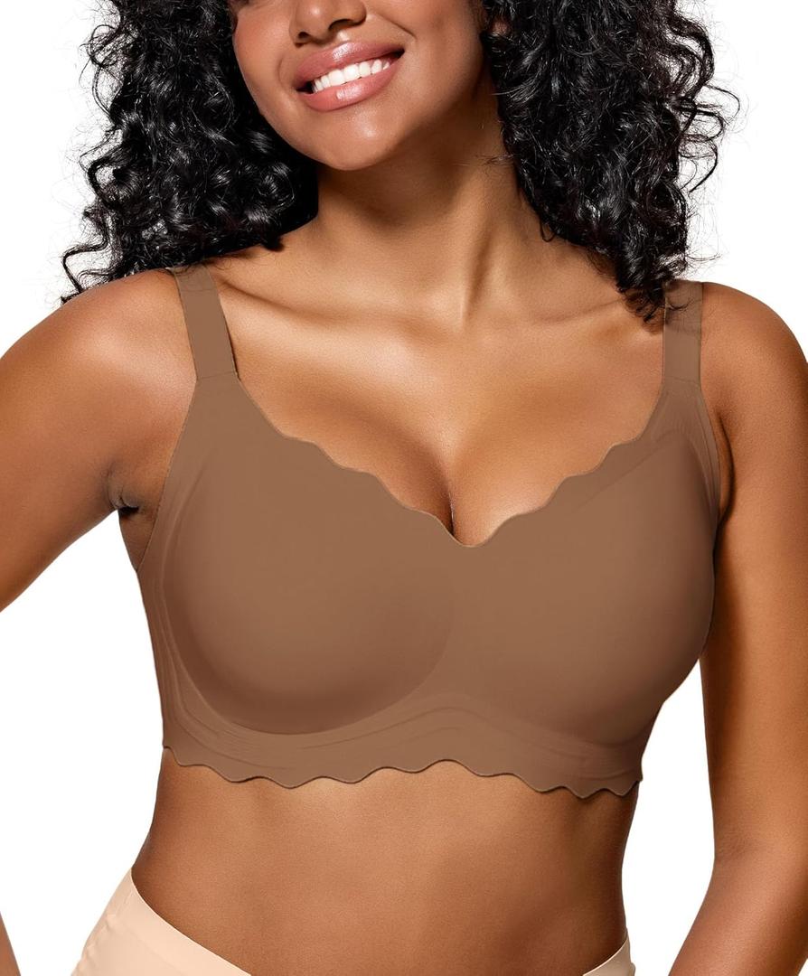 Womens Full Coverage Wire Free Bra - Plus Size Bras with Support and Lift Scalloped Everyday Comfort Bralettes (Brown)