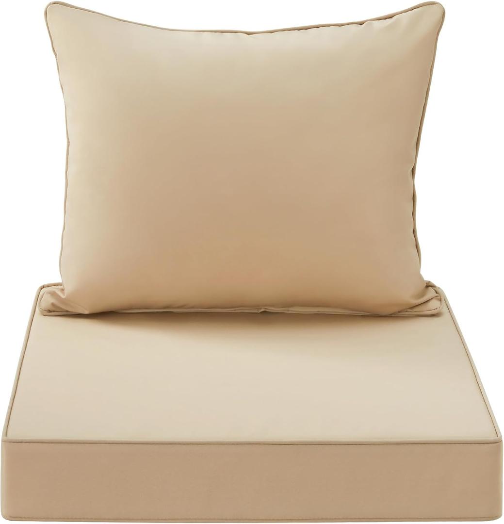 Outdoor Seat Cushion Set 24x24 Inch Waterproof & Fade Resistant Cushions for Patio Furniture, Removable Cover Deep Seat & Back Cushion with Handle and Adjustable Straps for Chair Sofa, Beige