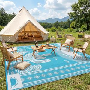 Garvee Reversible Cactus Outdoor Rug 8x10 for Patio, Waterproof Outdoor Area Rug, Modern Desert Botanical Indoor Outdoor Rugs, Plastic Straw Rug for RV, Camping, Deck, Teal Blue