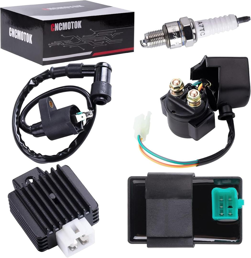 Ignition Coil 5-PIN CDI Box Solenoid 4-PIN Relay Voltage Regulator Spark Plug Kit for 50cc 70cc 90cc 110cc 125cc ATV Chinese Go Kart Dirt Bike Pit Bike TaoTao Moped Scooter