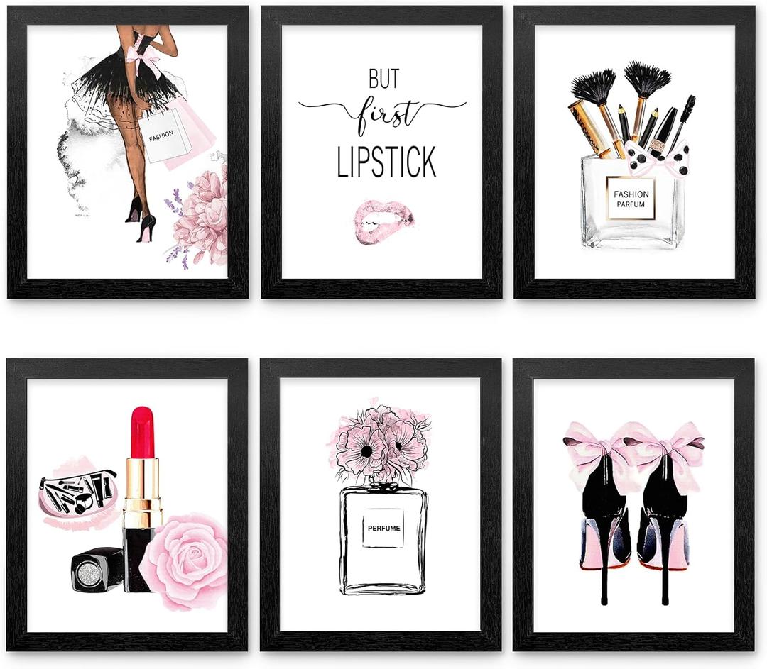 Framed Pink Fashion Wall Art Prints with FRAME Set of 6 Makeup Art Pictures Wall Decor Canvas Print Poster Modern Girls Room Decor for Bedroom Decor (Pink Wall Art, 8"x10" FRAMED)