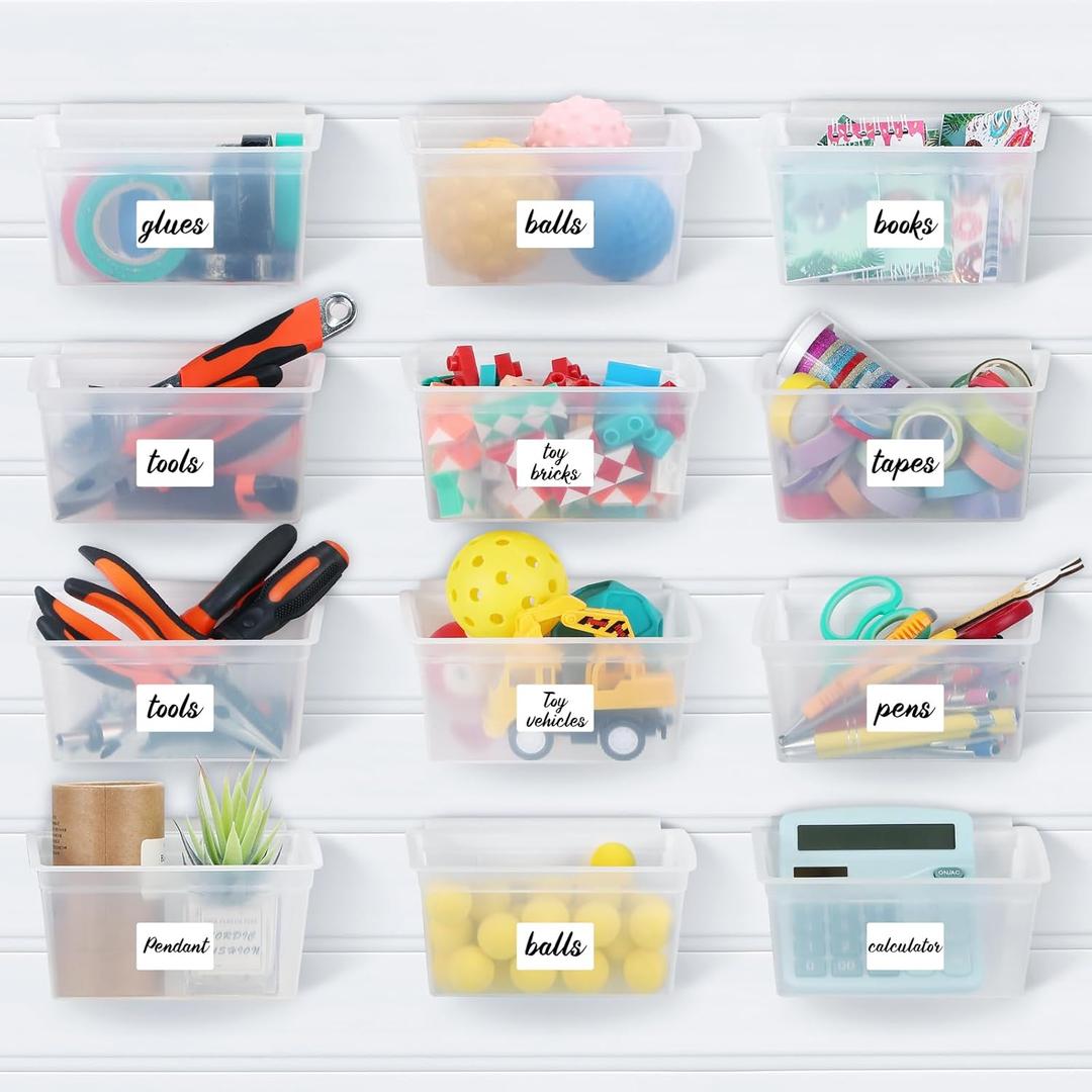 Mifoci 12 Pcs Storage Bins for PVC Slatwall Plastic Bin with Stickers Pens Slatwall Accessories for Organizing Hardware Craft Storage Tool Organizer Garage Craft Room Tool Shed(Clear)